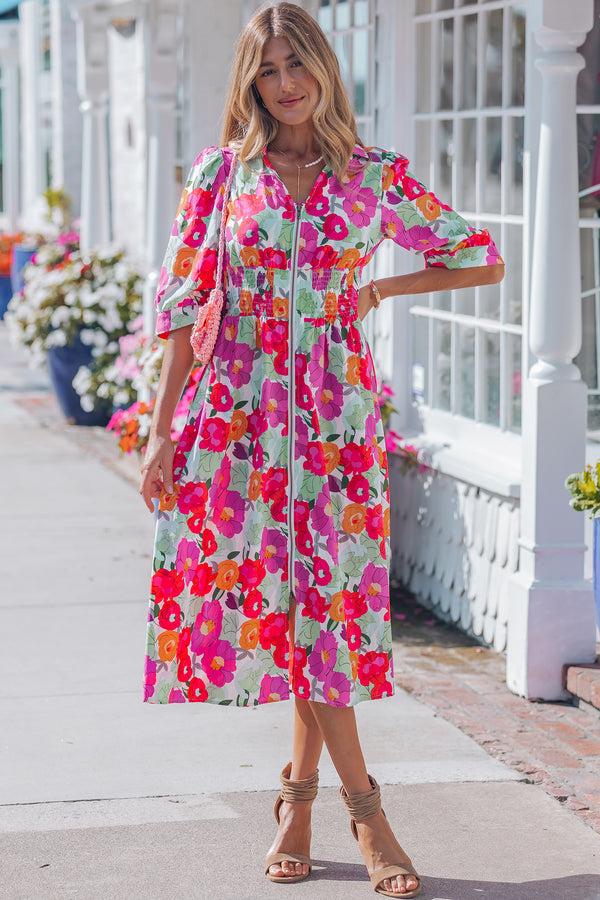 Robe femme floral, zip, manches 3/4, col V