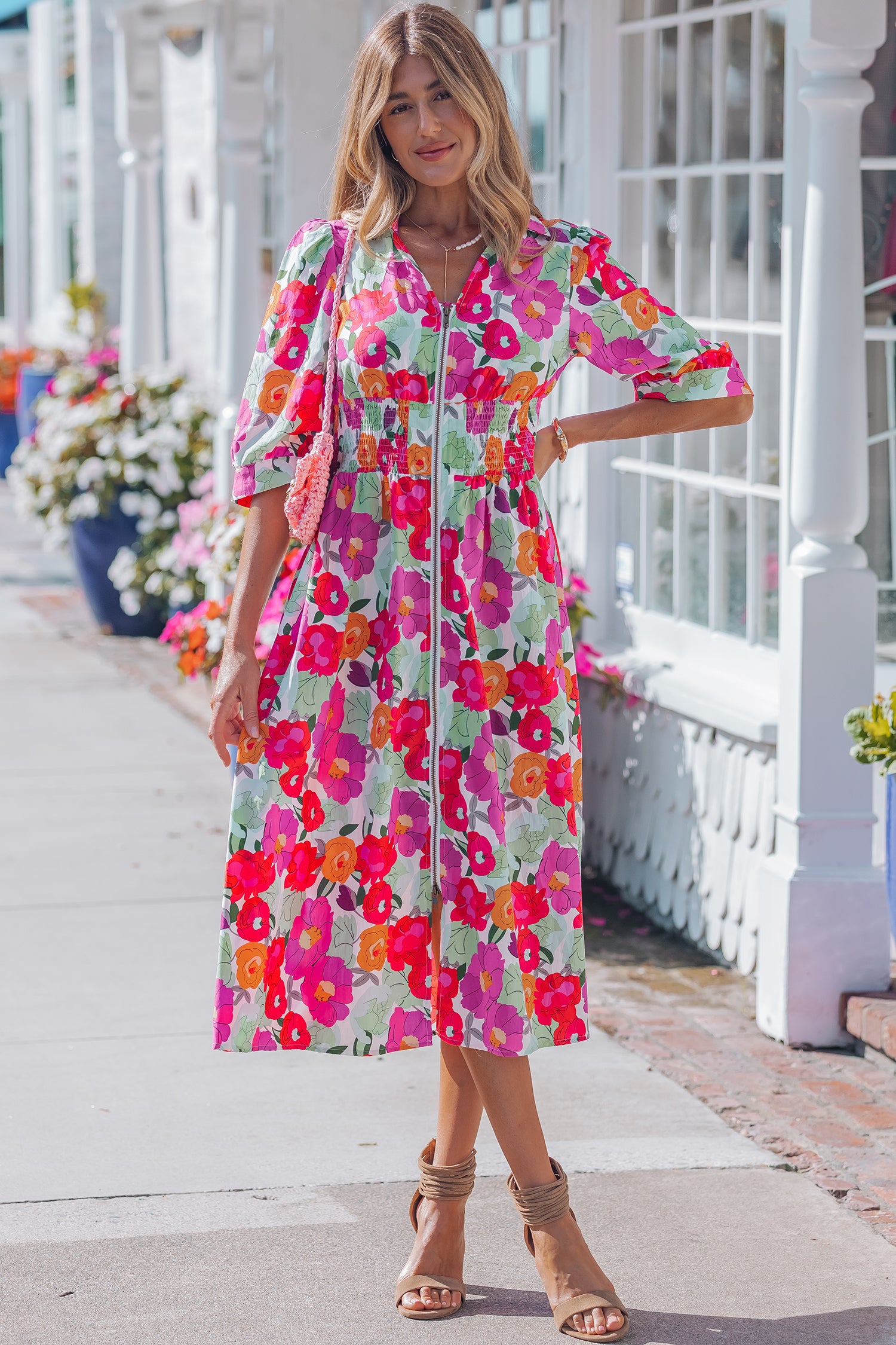 Robe femme floral, zip, manches 3/4, col V