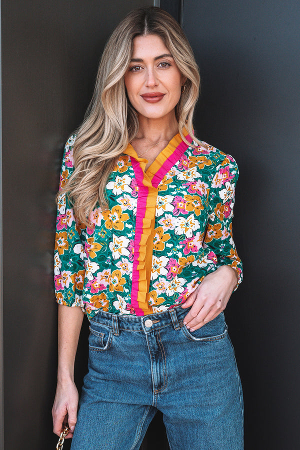 Blouse femme floral, col V, bordure contrastée — vert