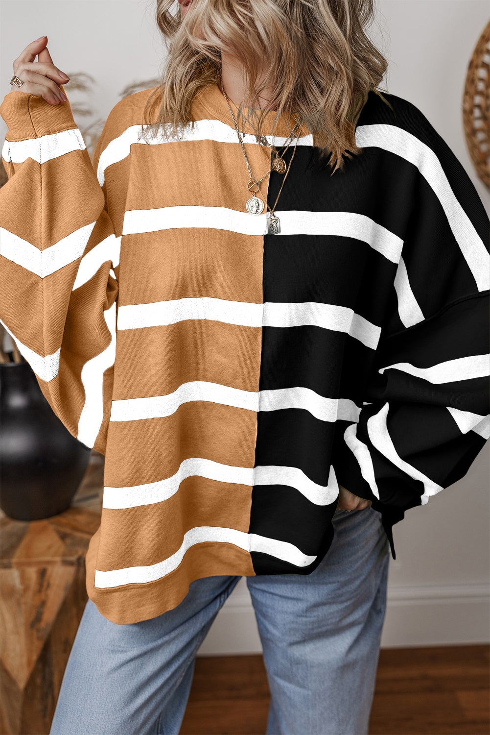 Pull femme oversized, colorblock — beige