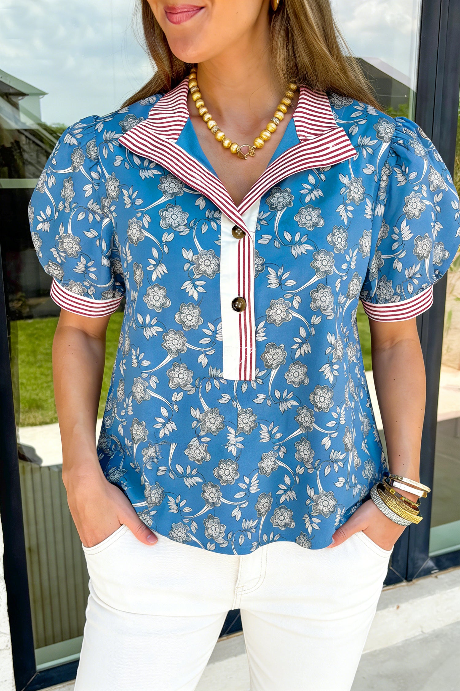 Blouse femme floral, rayé, boutonnée, manches courtes — bleu