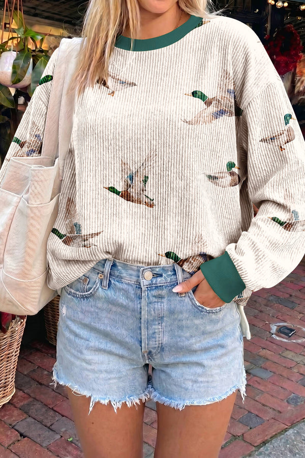 Pull femme col rond, casual, côtelé — beige
