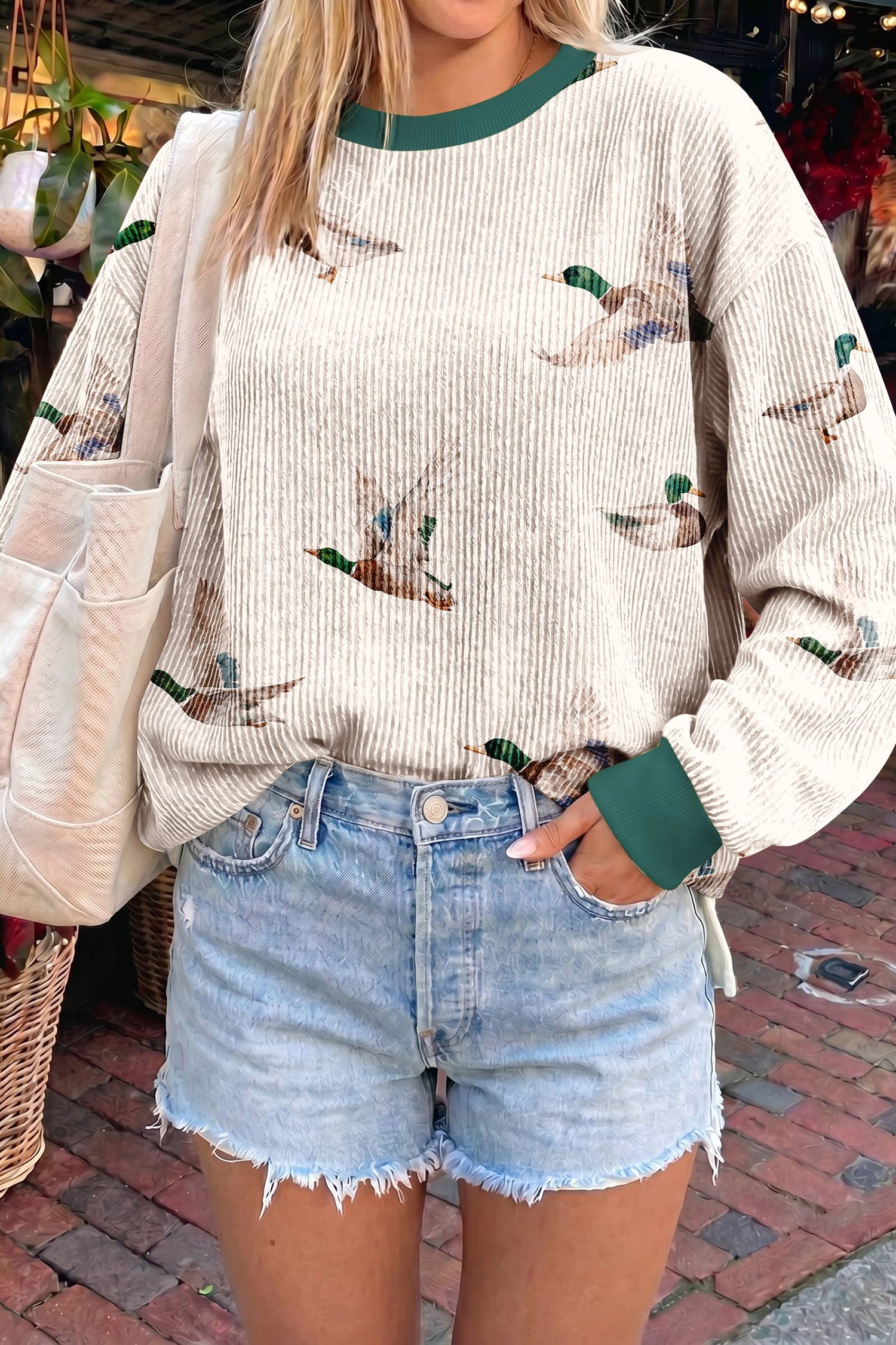 Pull femme col rond, casual, côtelé — beige