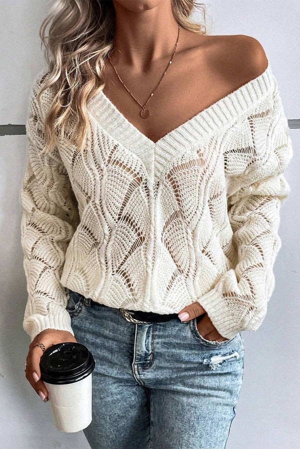 Pull femme en maille, épaules tombantes, col V — beige