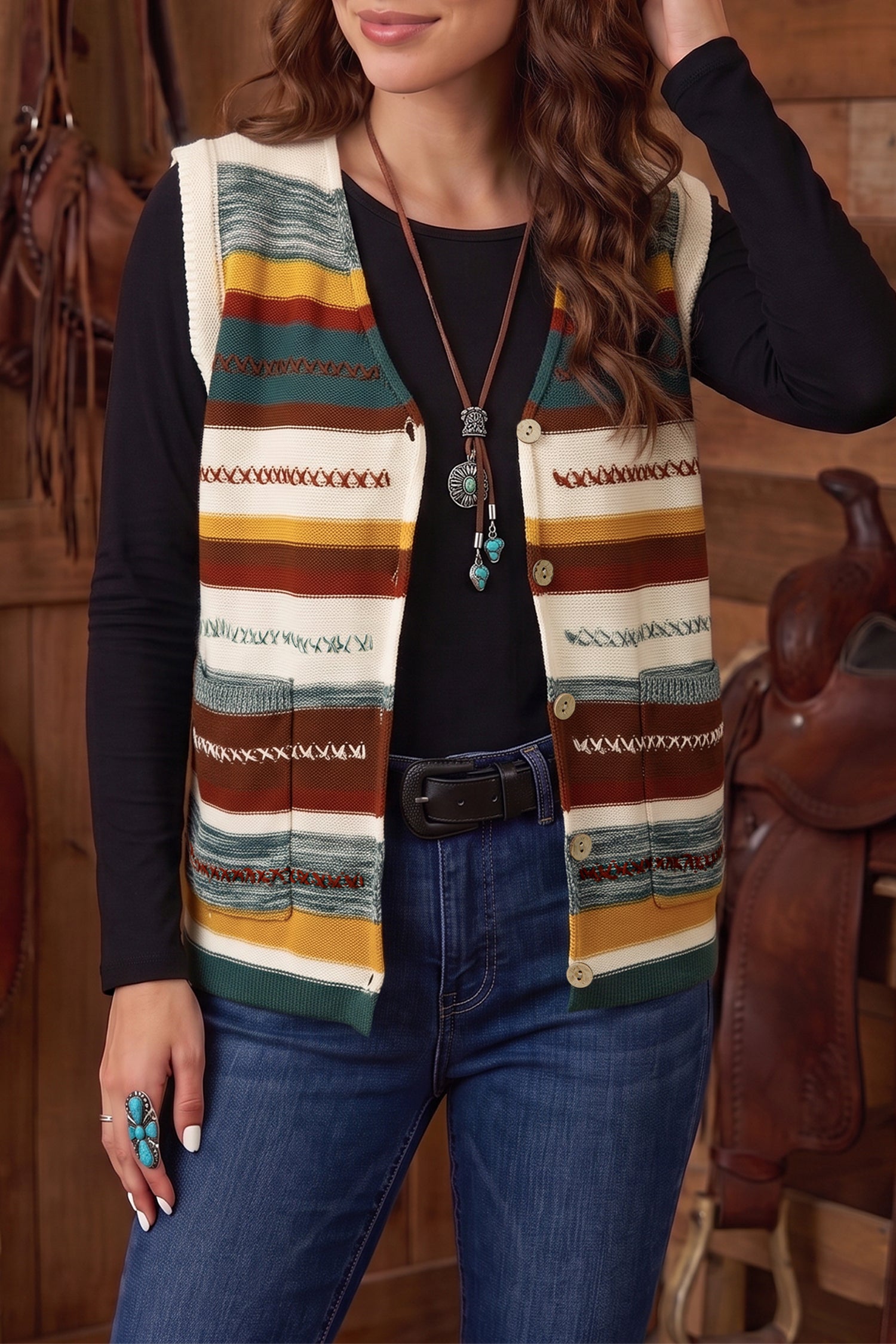 Pull femme rayé, en maille, boutonnée, sans manches — multicolore