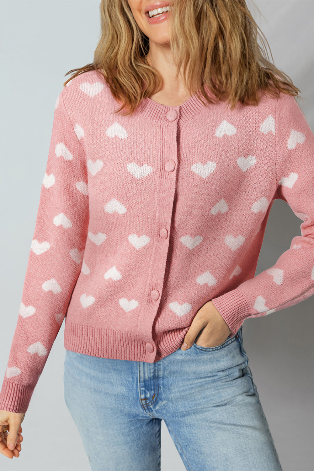 Light Pink Heart Pattern Button Front Cardigan Sweater femme