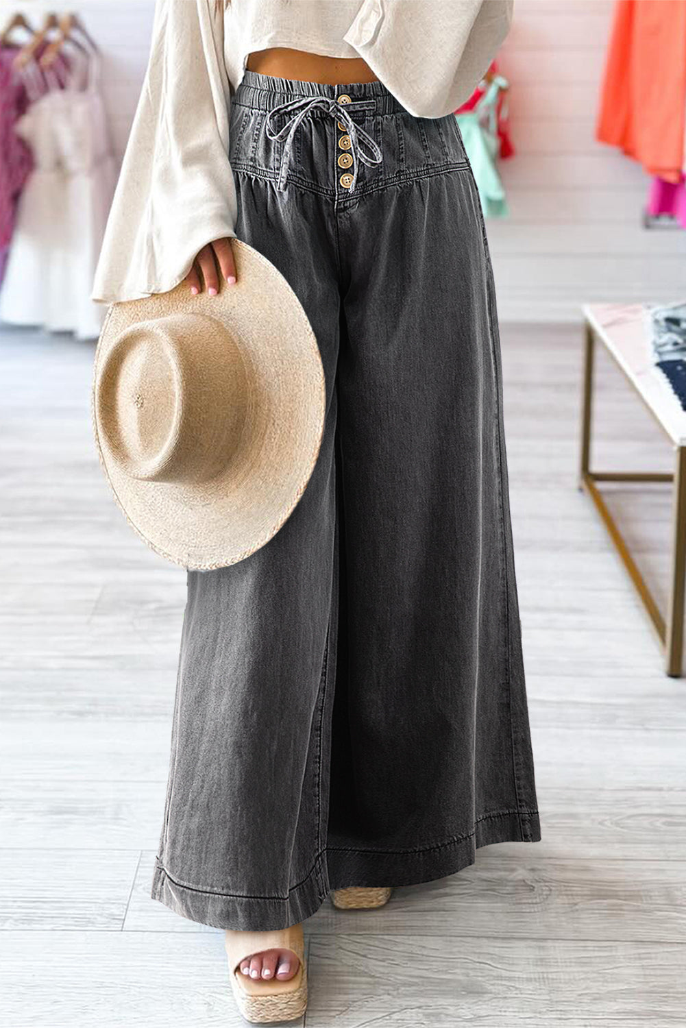 Jean femme boutonnée, jambe large — gris