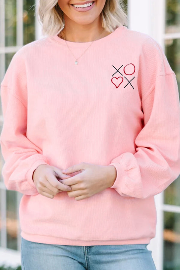 Sweat femme brodé, épaules tombantes, côtelé — rose