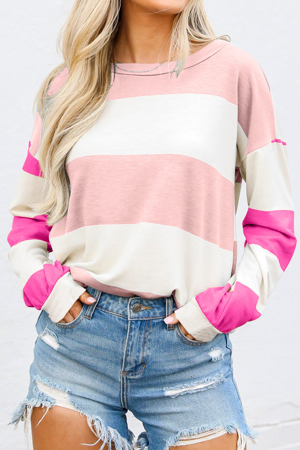 Haut femme rayé, manches longues, épaules tombantes, colorblock — rose clair