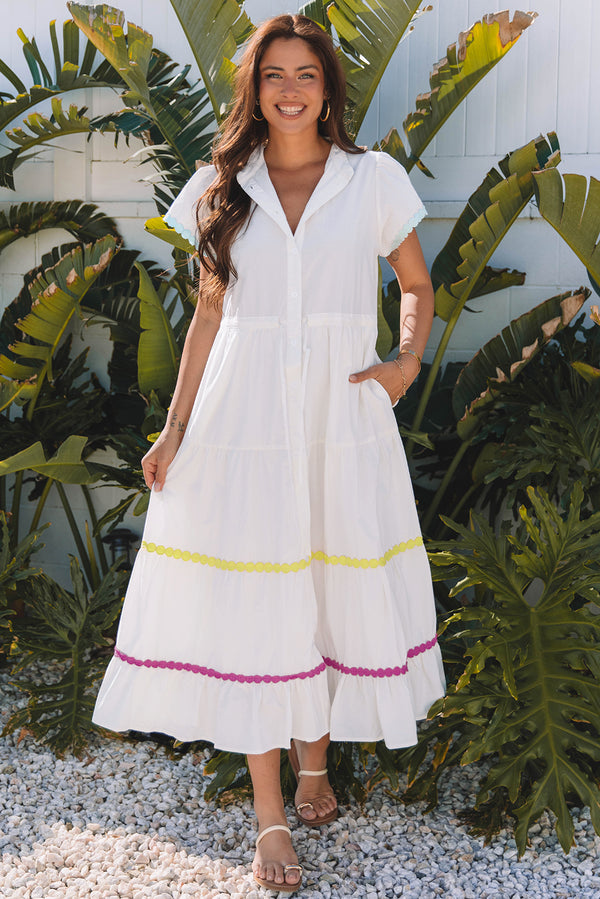 Robe femme à cordon, manches courtes, colorblock — blanc