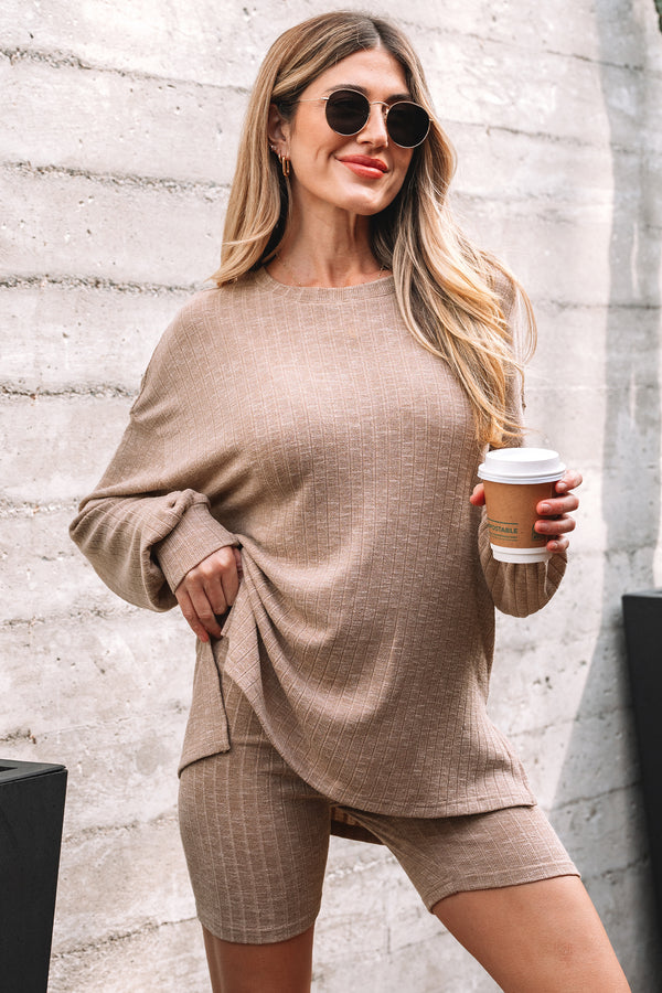 Ensemble femme en maille, côtelé — kaki
