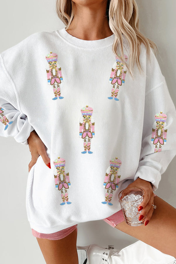 Sweat femme graphique, paillettes, Noël, épaules tombantes, côtelé — blanc
