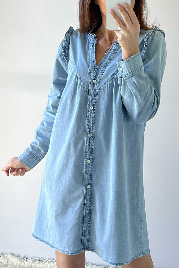 Robe femme à volants, boutonnée, col V, denim