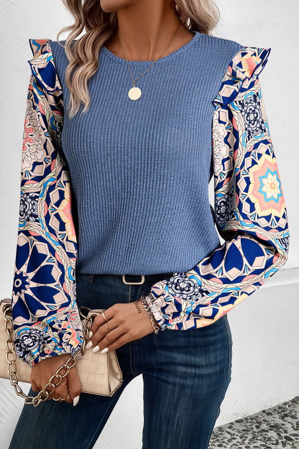 Blouse femme floral, patchwork, gaufré, en maille, à volants — bleu
