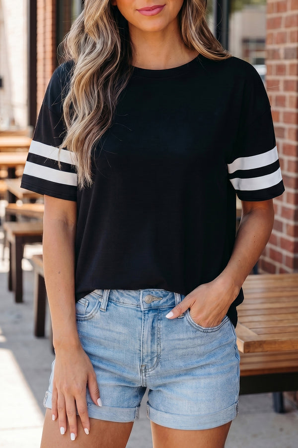 T-shirt femme rayé, manches courtes, col rond — noir