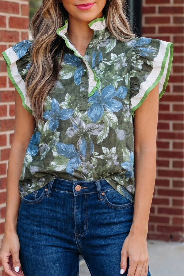 Blouse femme floral, à volants, manches courtes — vert