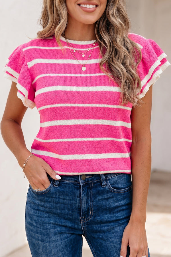 Pull femme rayé, en maille, à volants, manches courtes