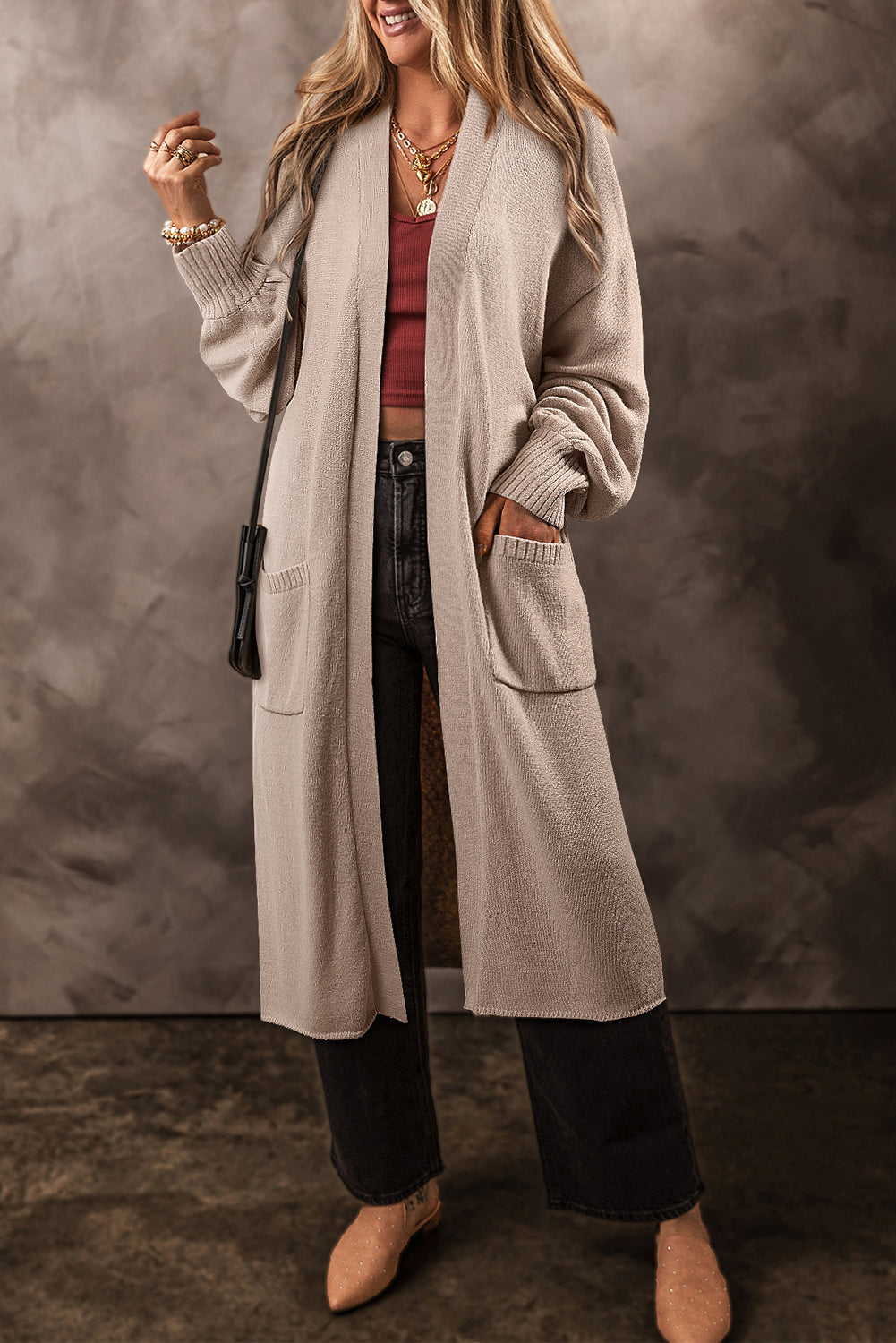 Beige Side Pockets Open Front Long Knitted Cardigan femme