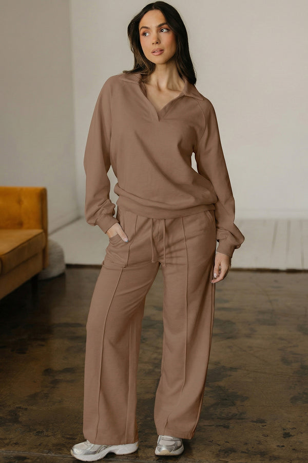 Pull femme à cordon, col V — kaki-P1117