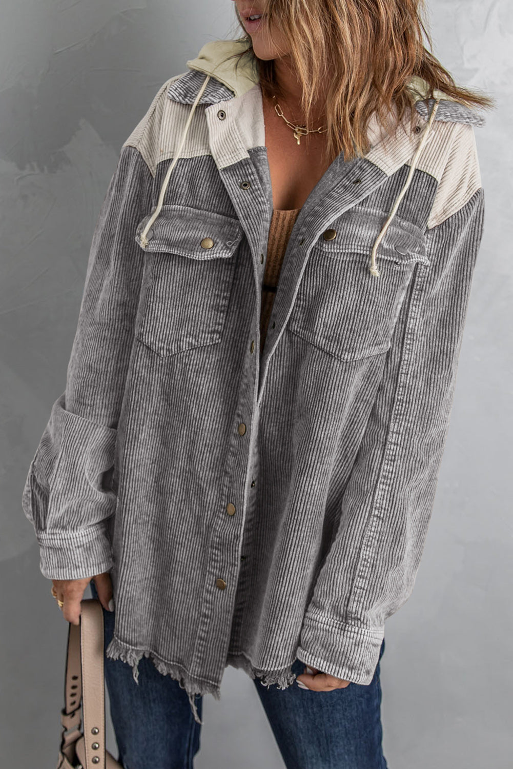 Veste femme boutonnée, à capuche, colorblock — gris