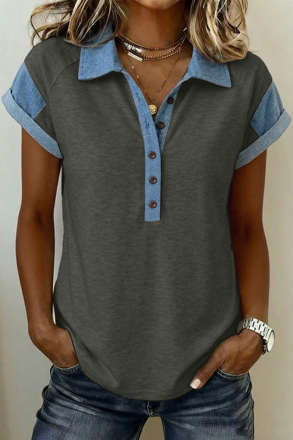 Blouse femme patchwork, manches courtes, denim, colorblock — gris