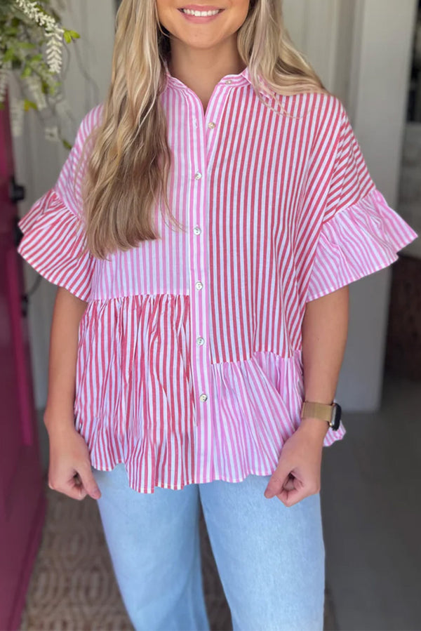 Chemise femme rayé, patchwork, à volants, boutonnée — rose