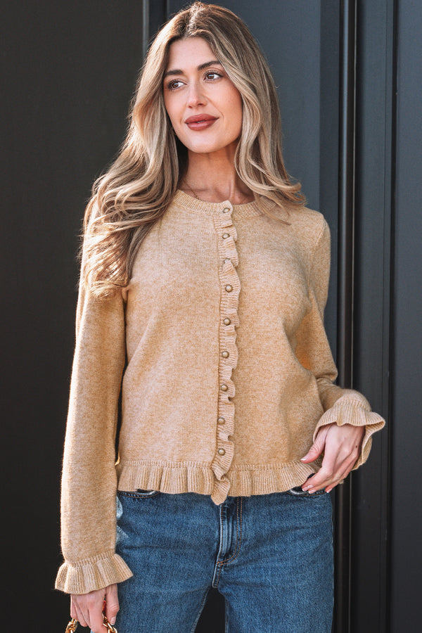 Oatmeal Ruffle Trim Gold Button Sweater Cardigan femme-P1015