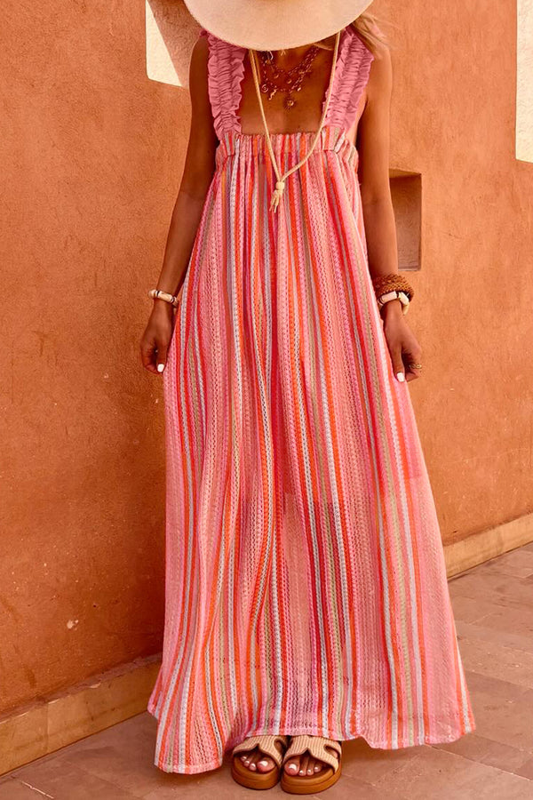 Robe longue femme rayé, à volants, bretelles, maxi — rose