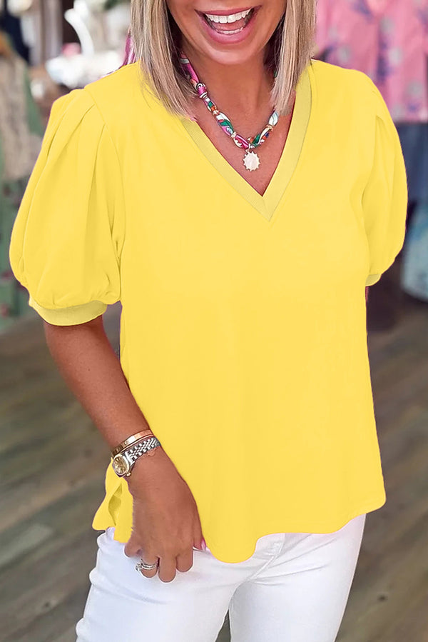 Short femme manches bouffantes, col V, uni — jaune