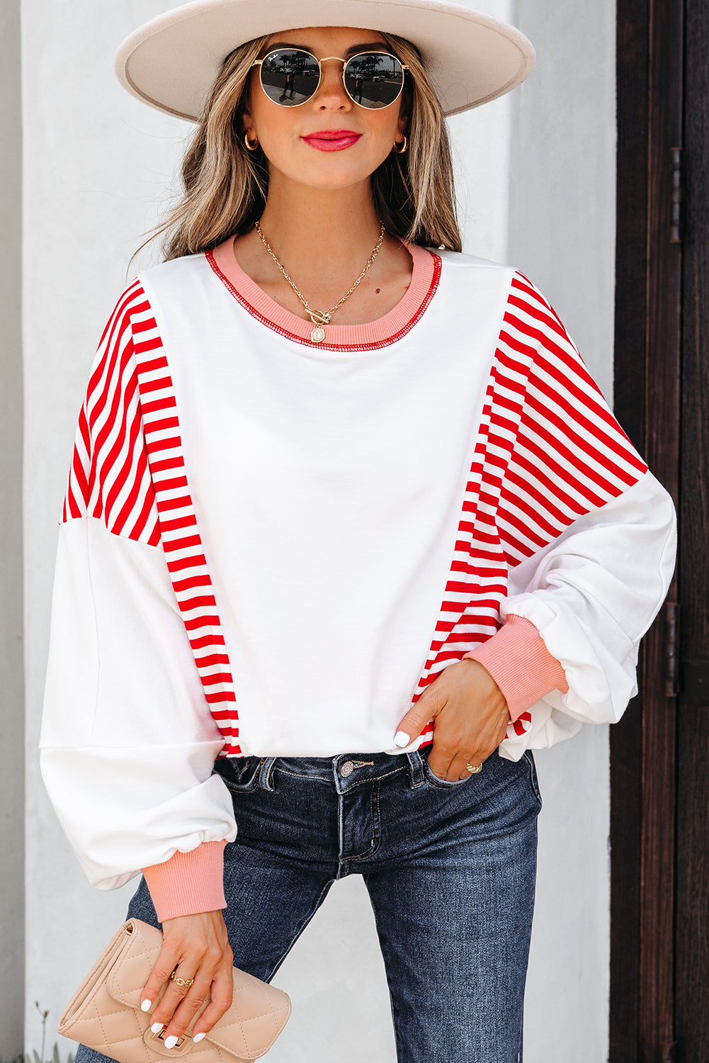 Sweat femme rayé, patchwork, colorblock — rouge