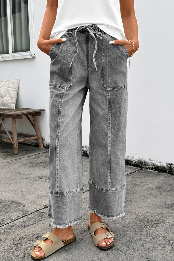 Pantalon femme à cordon, jambe large, denim — gris