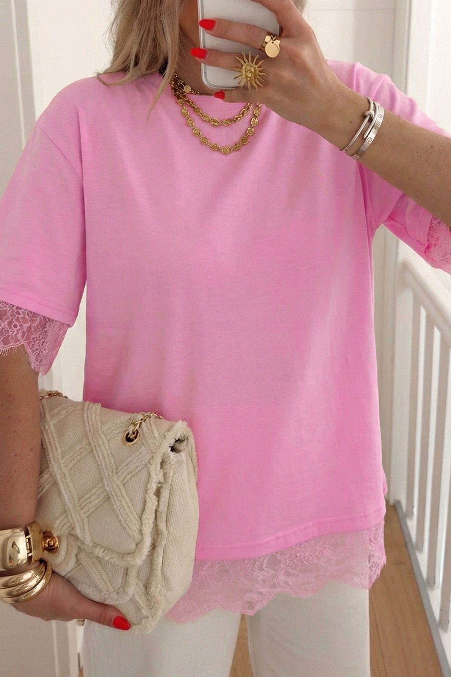 T-shirt femme floral, patchwork, manches 3/4 — rose