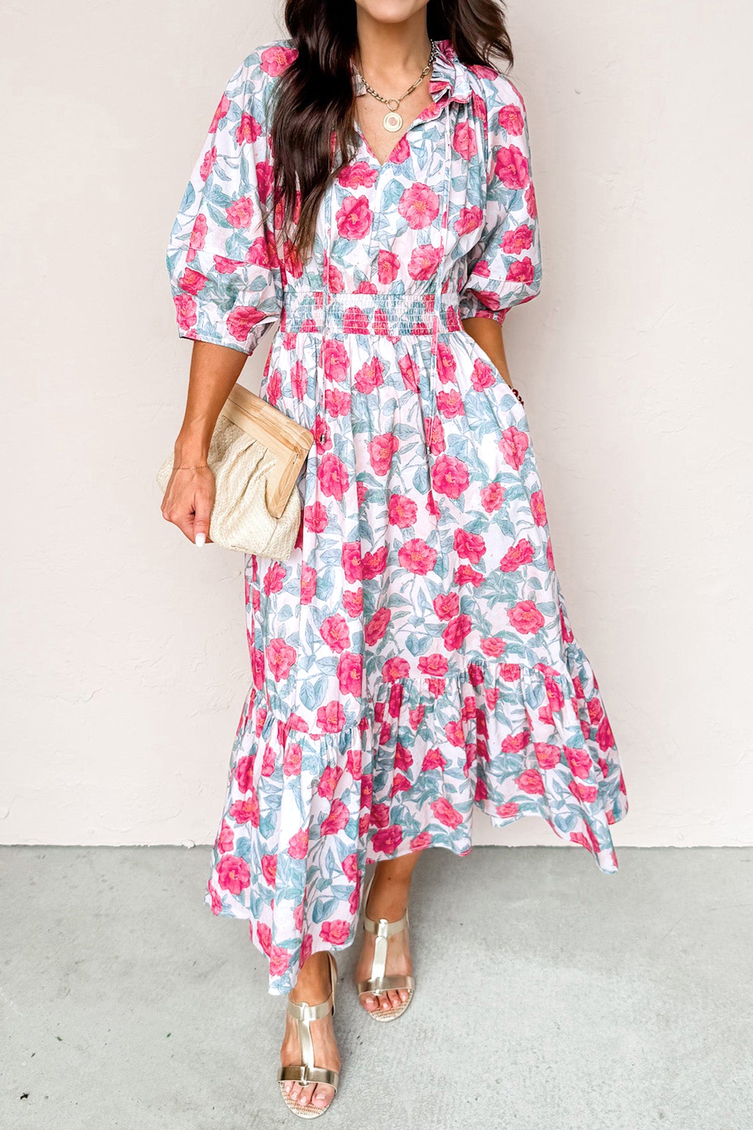 Robe midi femme floral, manches bouffantes, midi — rouge