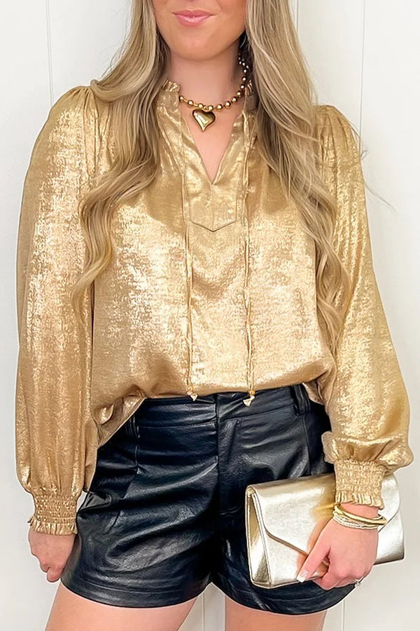 Blouse femme métallisé, manches longues, col V — doré