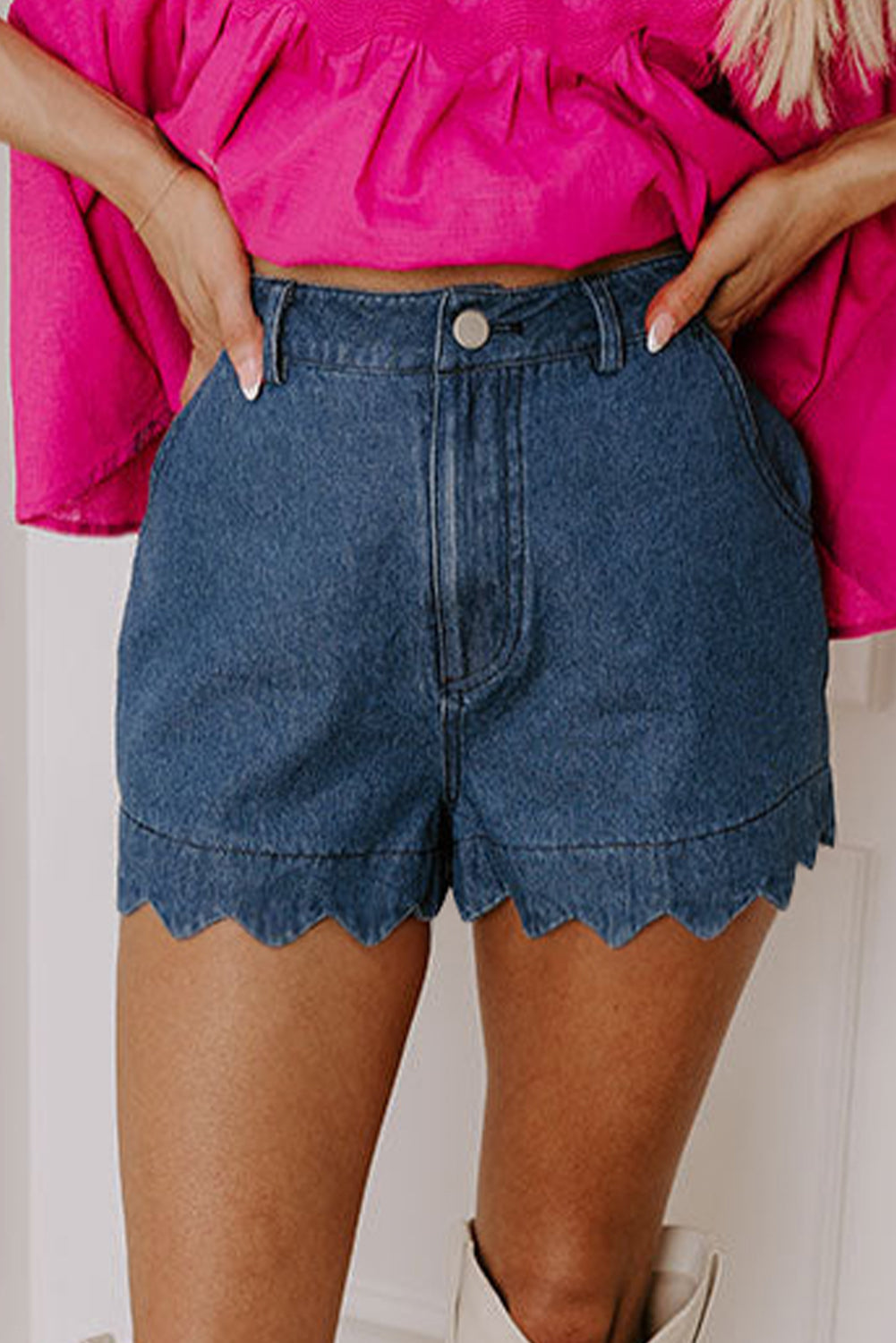Short femme taille haute, festonné, denim — bleu