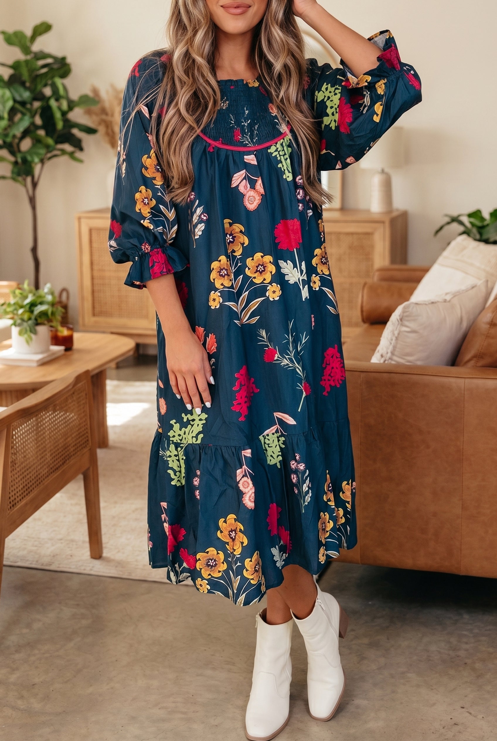 Robe midi femme floral, casual, midi — bleu