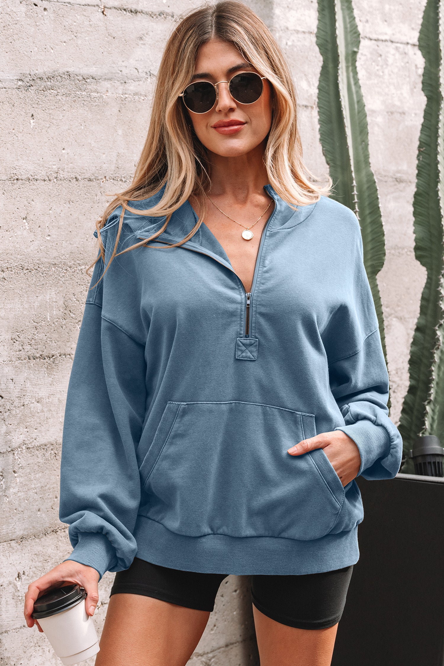 Ashleigh Blue Half Zip Kangaroo Pocket Mineral Wash Baggy Hoodie femme
