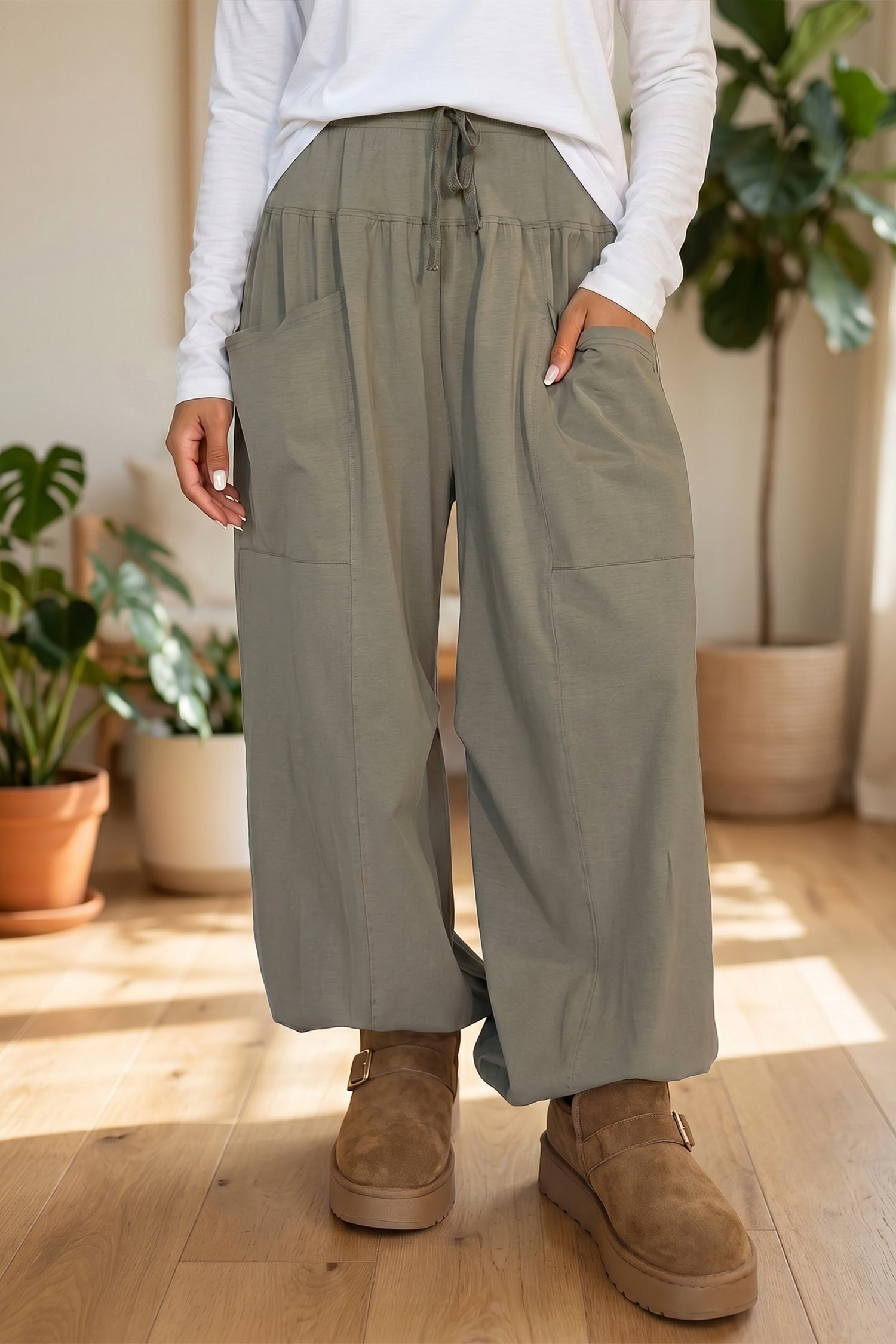 Pantalon femme à cordon, taille élastique, jambe large