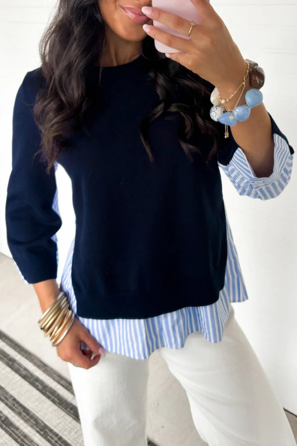Pull femme rayé, manches longues, épaules tombantes — bleu marine