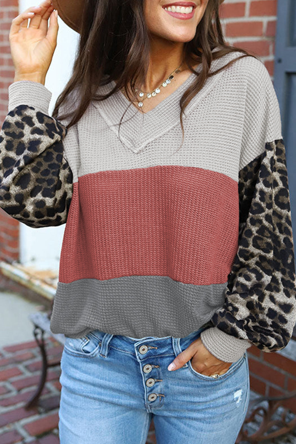 Haut femme léopard, gaufré, en maille, colorblock — rouge feu