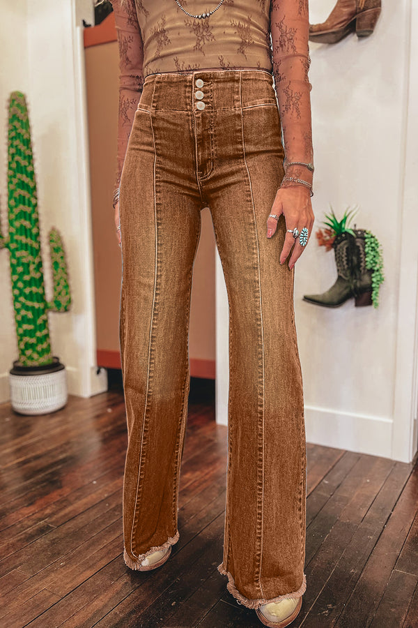 Jean femme boutonnée, taille haute — café