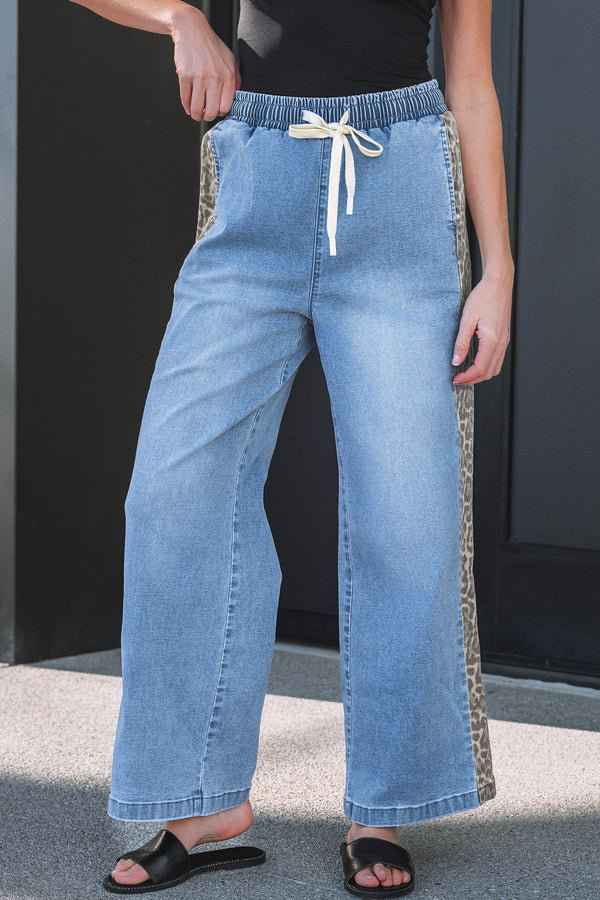 Jean femme léopard, rayé, à cordon, taille élastique, jambe large — bleu ciel