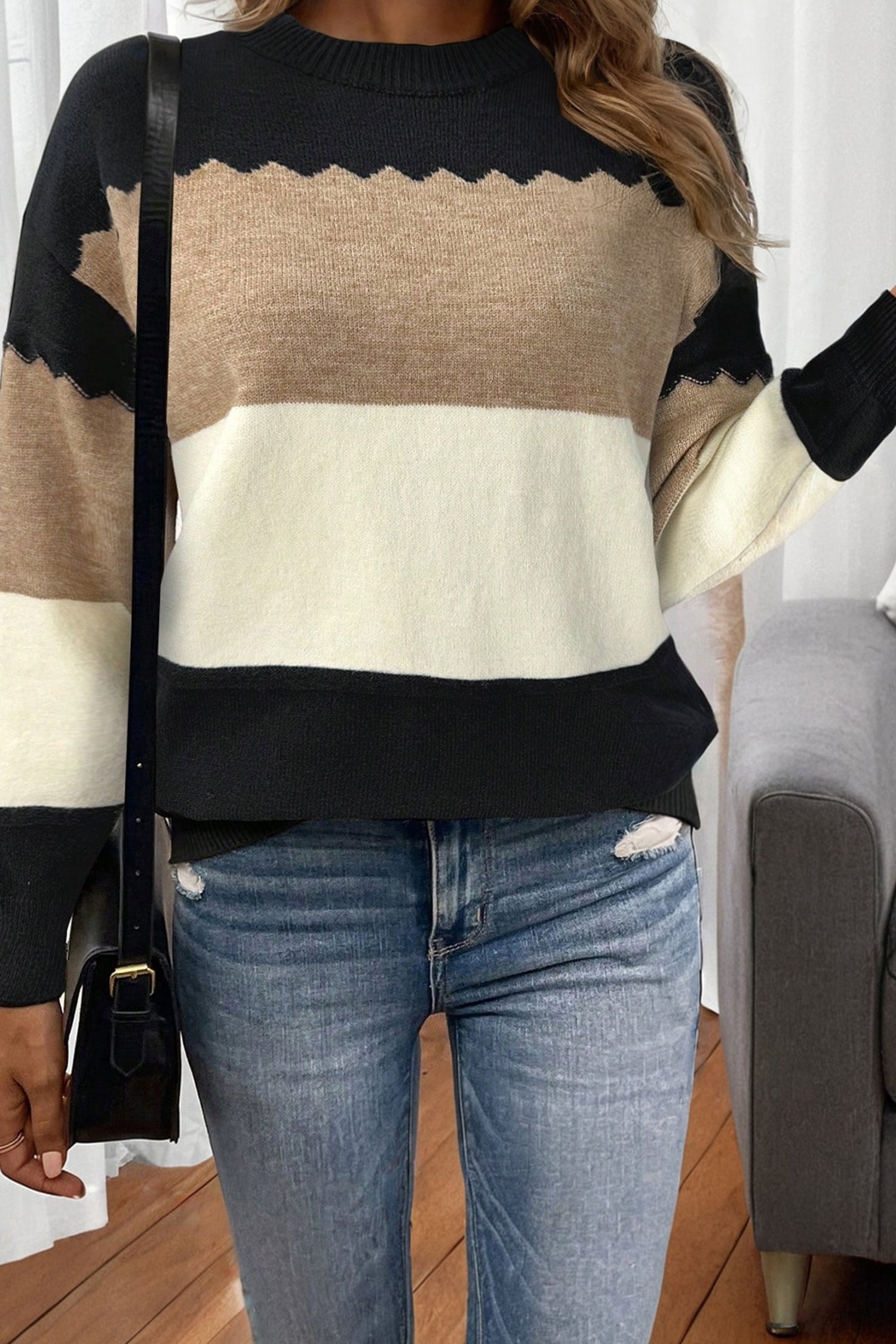 Pull femme épaules tombantes, col rond, colorblock — noir