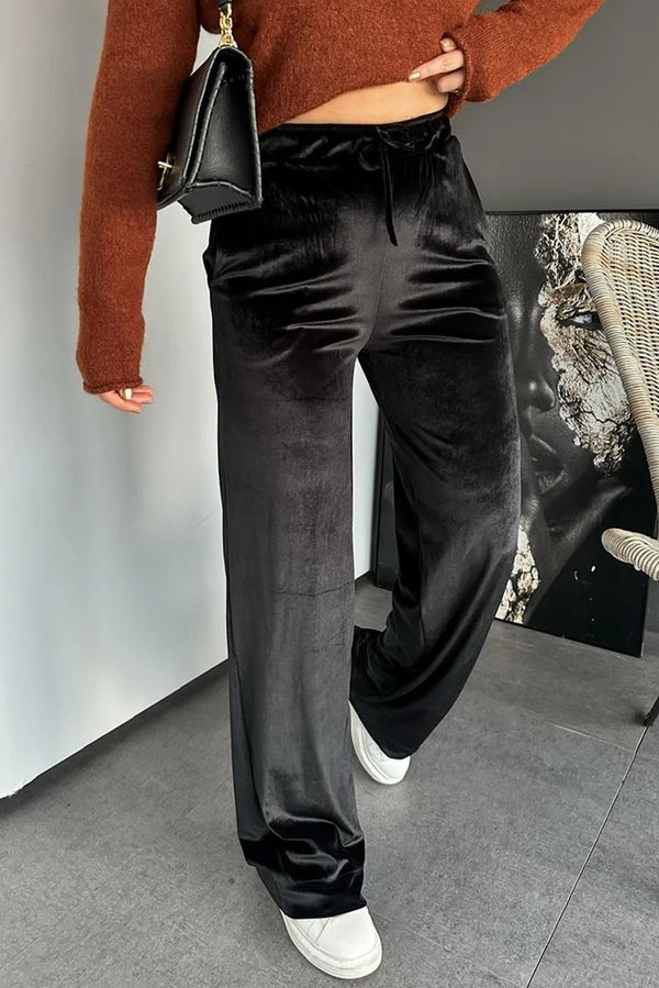 Pantalon femme velours, à cordon, taille haute, casual — noir