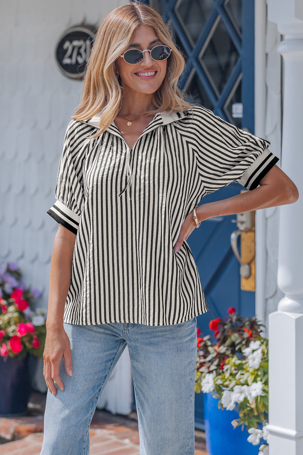 Short femme rayé, zip, manches bouffantes — noir