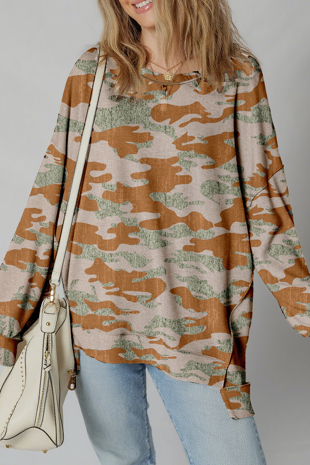 Sweat femme camouflage, patchwork, épaules tombantes — marron
