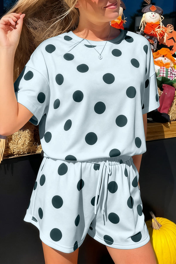 Short femme pois, à cordon, taille élastique, ample — bleu ciel