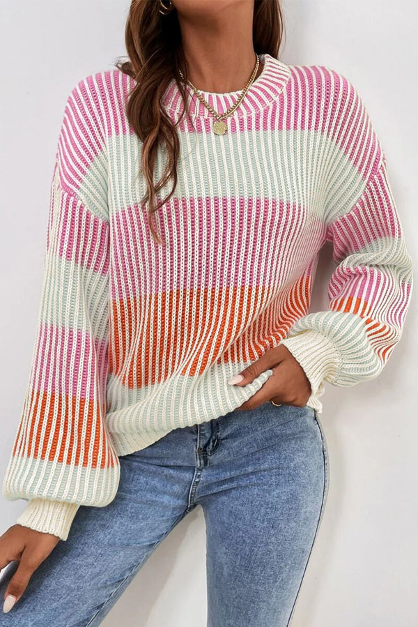 Pull femme en maille, manches ballon, colorblock — rose