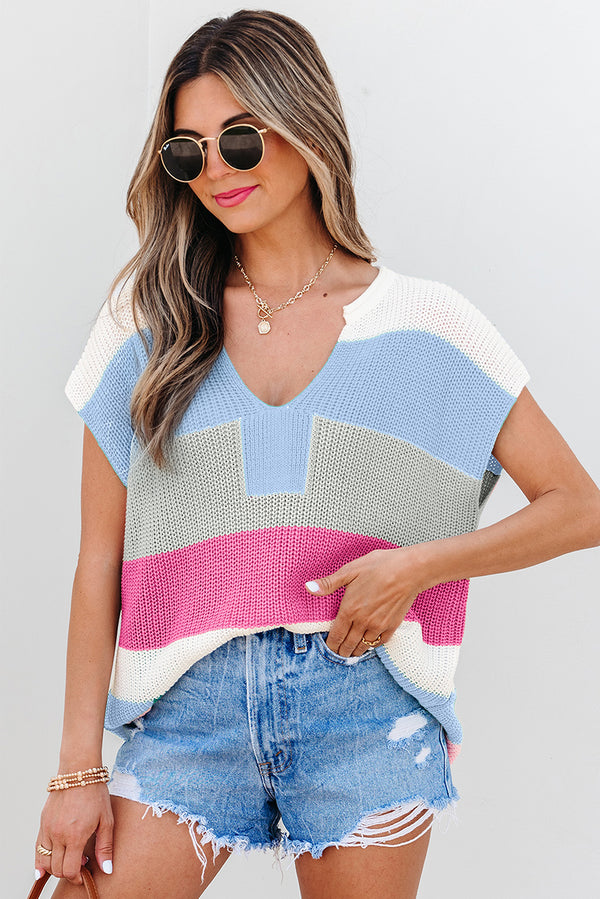 Pull femme col V, colorblock — bleu clair