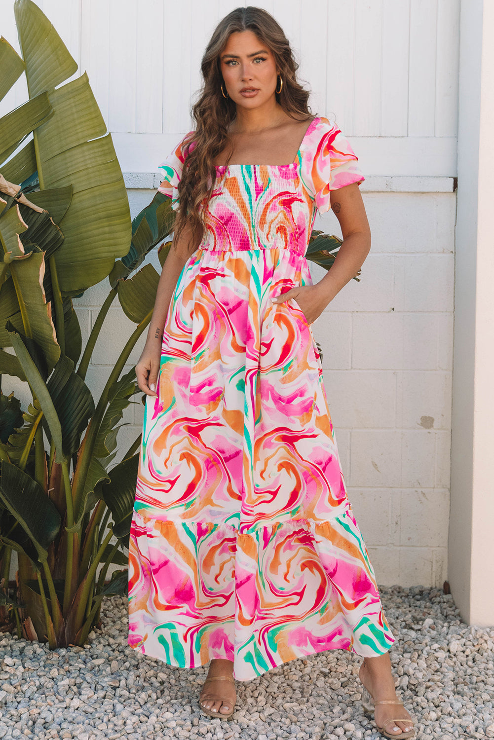 Robe longue femme à volants, smocké, maxi — rose